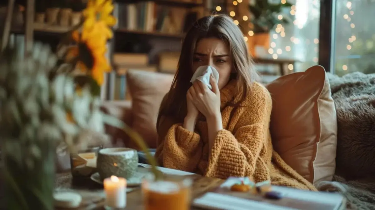 Zdjęcie przedstawia młodą kobietę siedzącą na kanapie w przytulnym, ciepło oświetlonym wnętrzu. Kobieta owinięta jest grubym, musztardowym swetrem i wygląda na osobę z alergią – trzyma chusteczkę przy nosie, sprawiając wrażenie, że właśnie go wyciera lub kicha. Ma zmęczony wyraz twarzy, lekko zmarszczone brwi i przymknięte oczy.