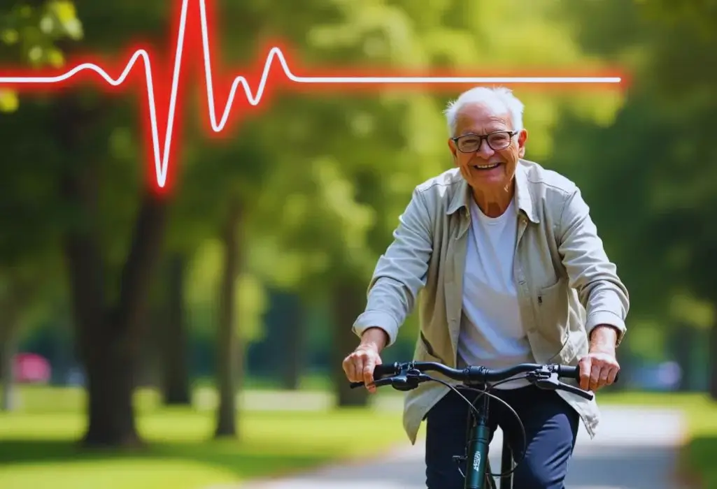 Na zdjęciu widać uśmiechniętego starszego mężczyznę jadącego na rowerze elektrycznym po zacienionej, zielonej alei w parku. Ma siwe włosy, okulary i jasną kurtkę, a jego twarz promienieje radością i spokojem. Nad nim unosi się czerwony wykres linii życia, symbolizujący zdrowie i energię. Obrazek oddaje poczucie wolności, lekkości i satysfakcji płynącej z aktywności fizycznej. To także wizualna opowieść o tym, jak dofinansowanie roweru elektrycznego z PFRON dla seniora może wpłynąć na poprawę jakości życia, zdrowia i samodzielności w codziennym funkcjonowaniu.